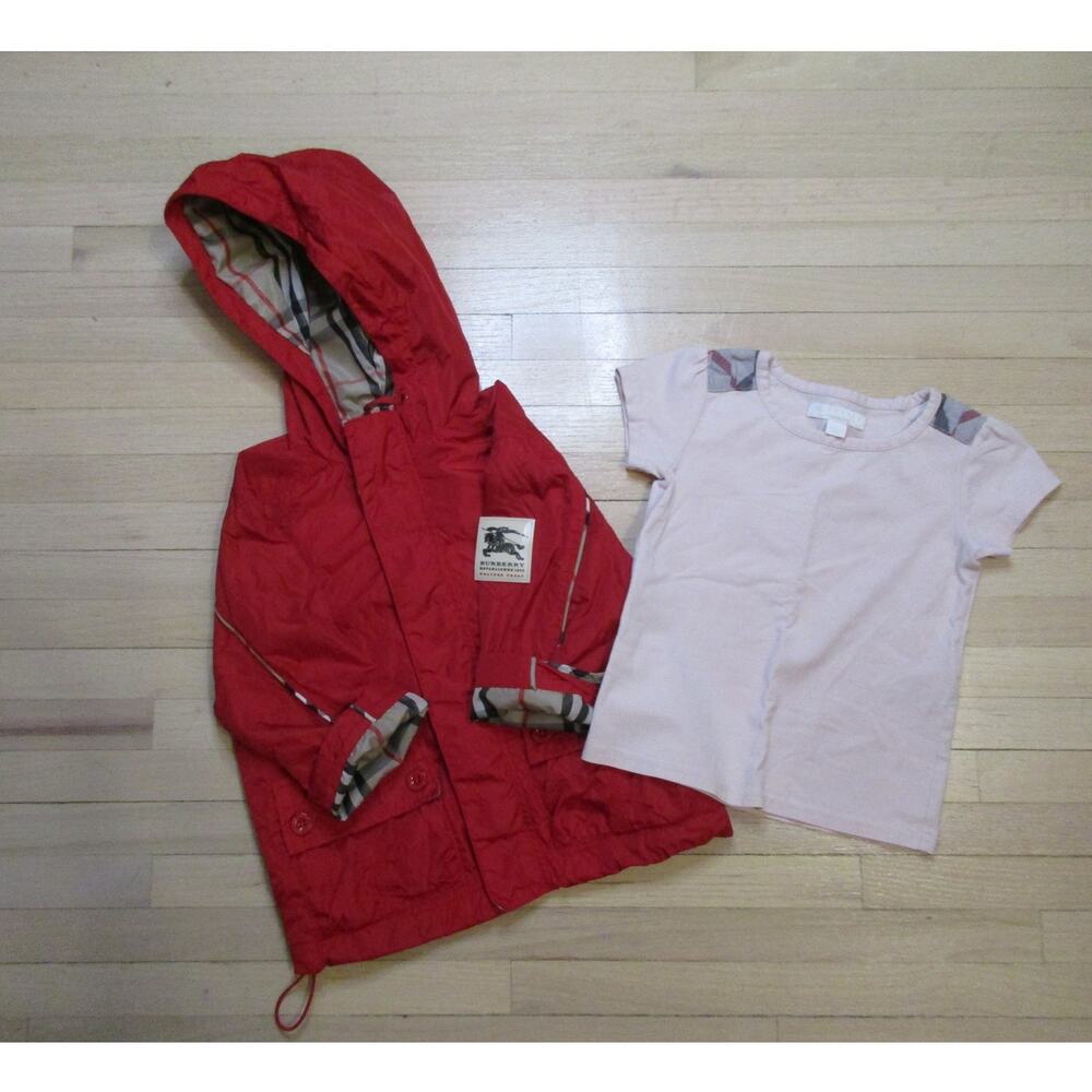 Burberry Baby Girl Raincoat Top 18M 2T Red Pink Plaid Hood FLAWS